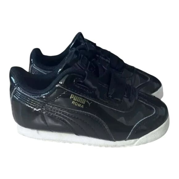 Puma Roma Toddler Black Patent Leather Shoes Size 8C Low-Top Lace Up Sneakers - Picture 11 of 12